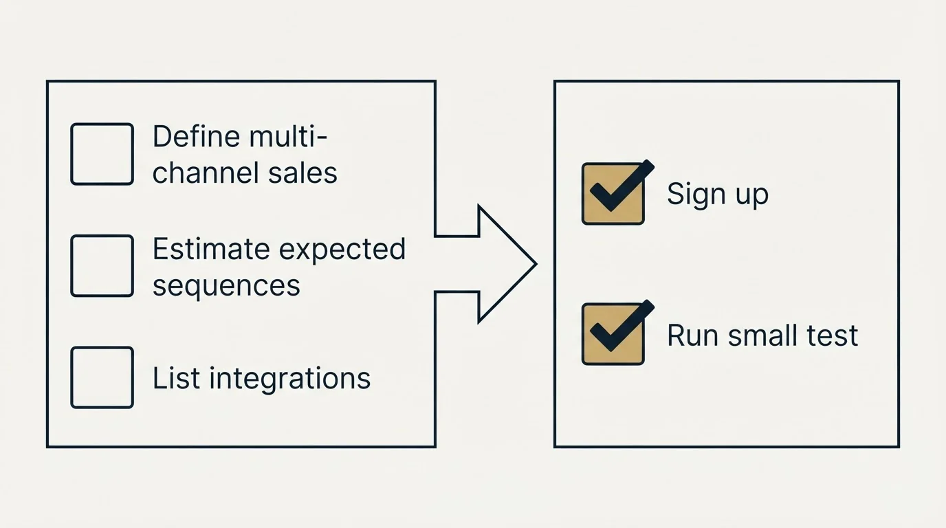 Before-and-after steps: Getting Started Checklist (Define multi-channel sales, Estimate expected sequences, List integrations, Sign up)