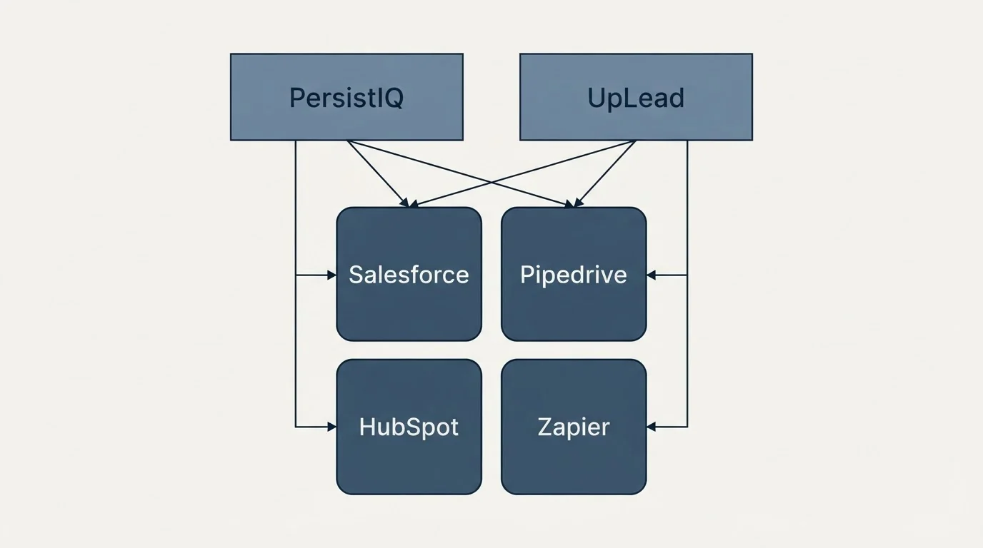 Integration grid: Integration Ecosystem (PersistIQ, UpLead, Salesforce, Pipedrive)