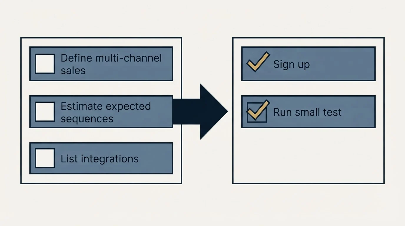 Before-and-after steps: Getting Started Checklist (Define multi-channel sales, Estimate expected sequences, List integrations, Sign up)