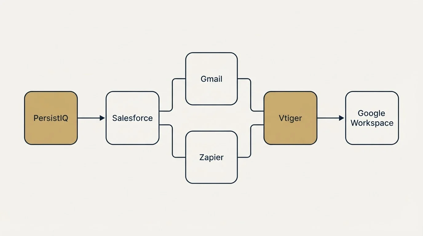 Integration flow: Integration Ecosystem (PersistIQ, Vtiger, Gmail, Zapier)