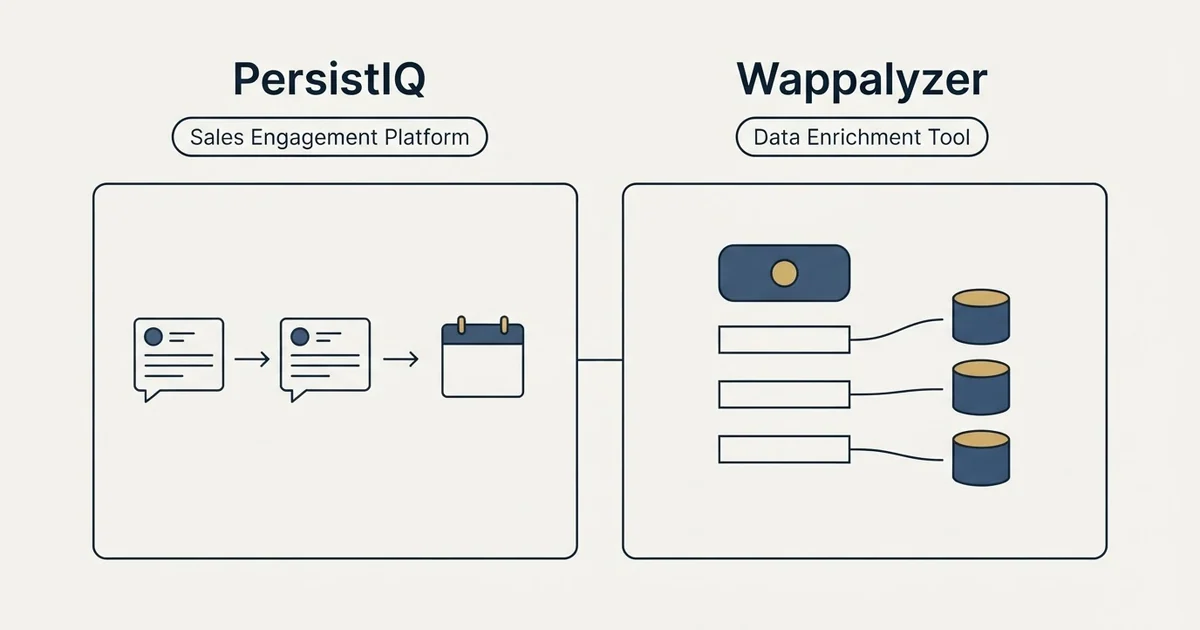 Side-by-side panels: PersistIQ vs Wappalyzer (Sales Engagement Platform, Data Enrichment Tool)