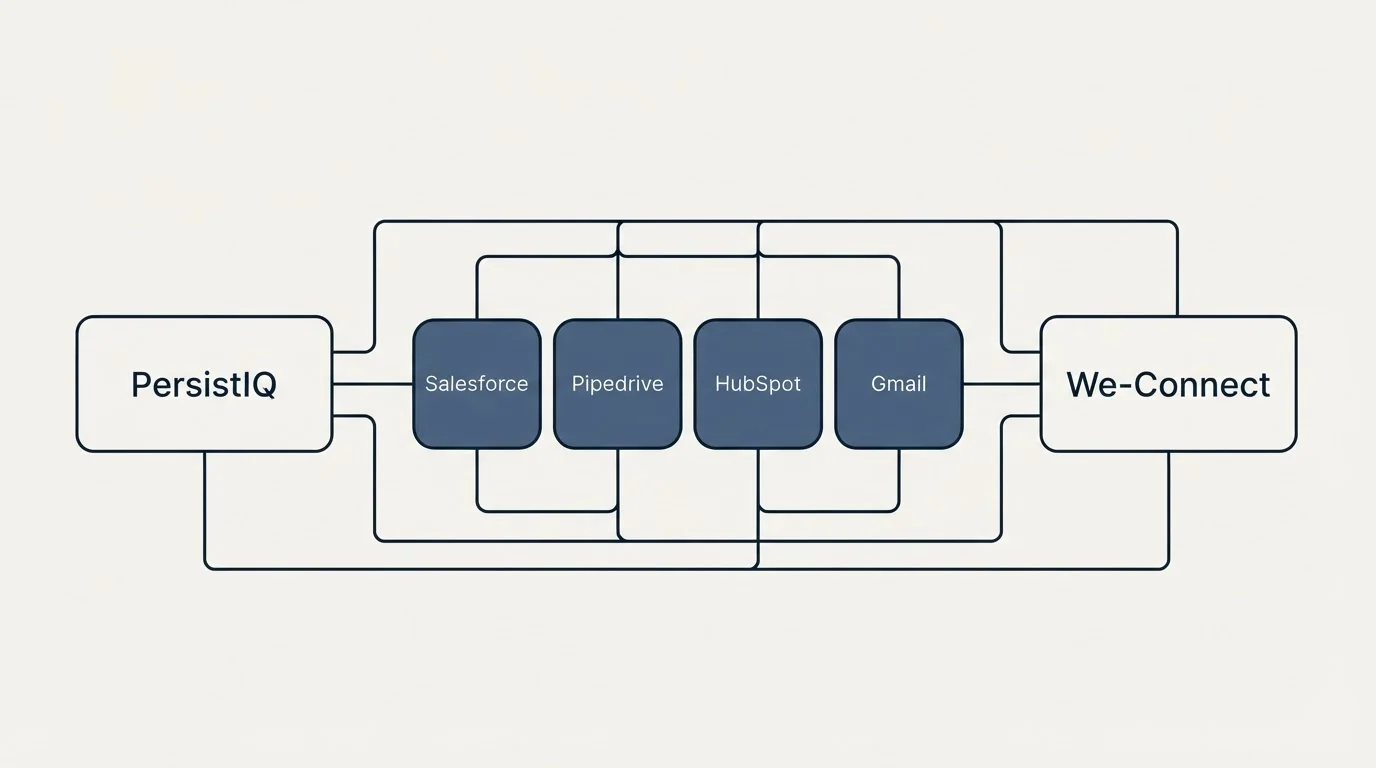 Integration schematic: Integration Ecosystem (PersistIQ, We-Connect, Salesforce, Pipedrive)