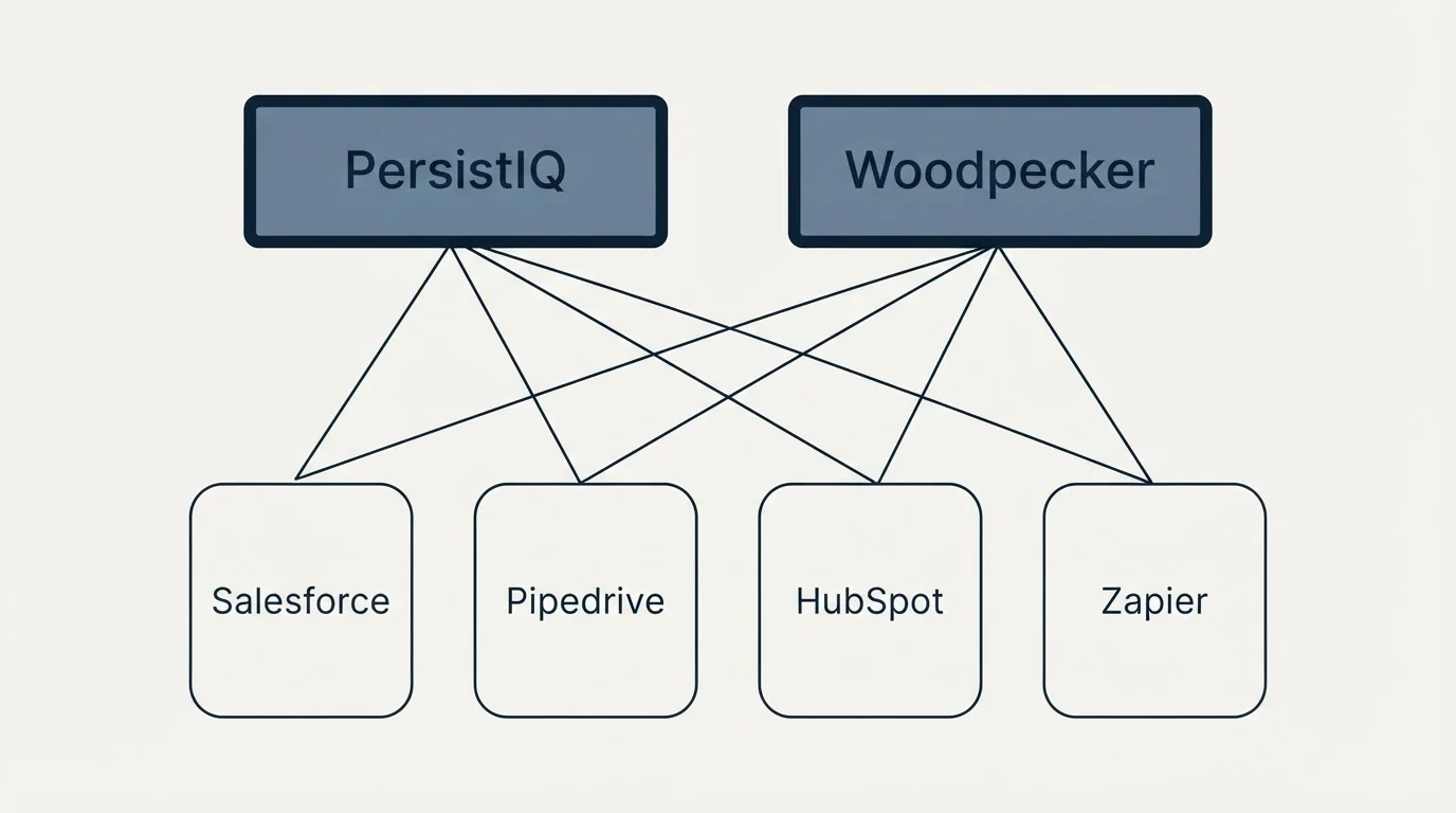 Integration grid: Integration Ecosystem (PersistIQ, Woodpecker, Salesforce, Pipedrive)