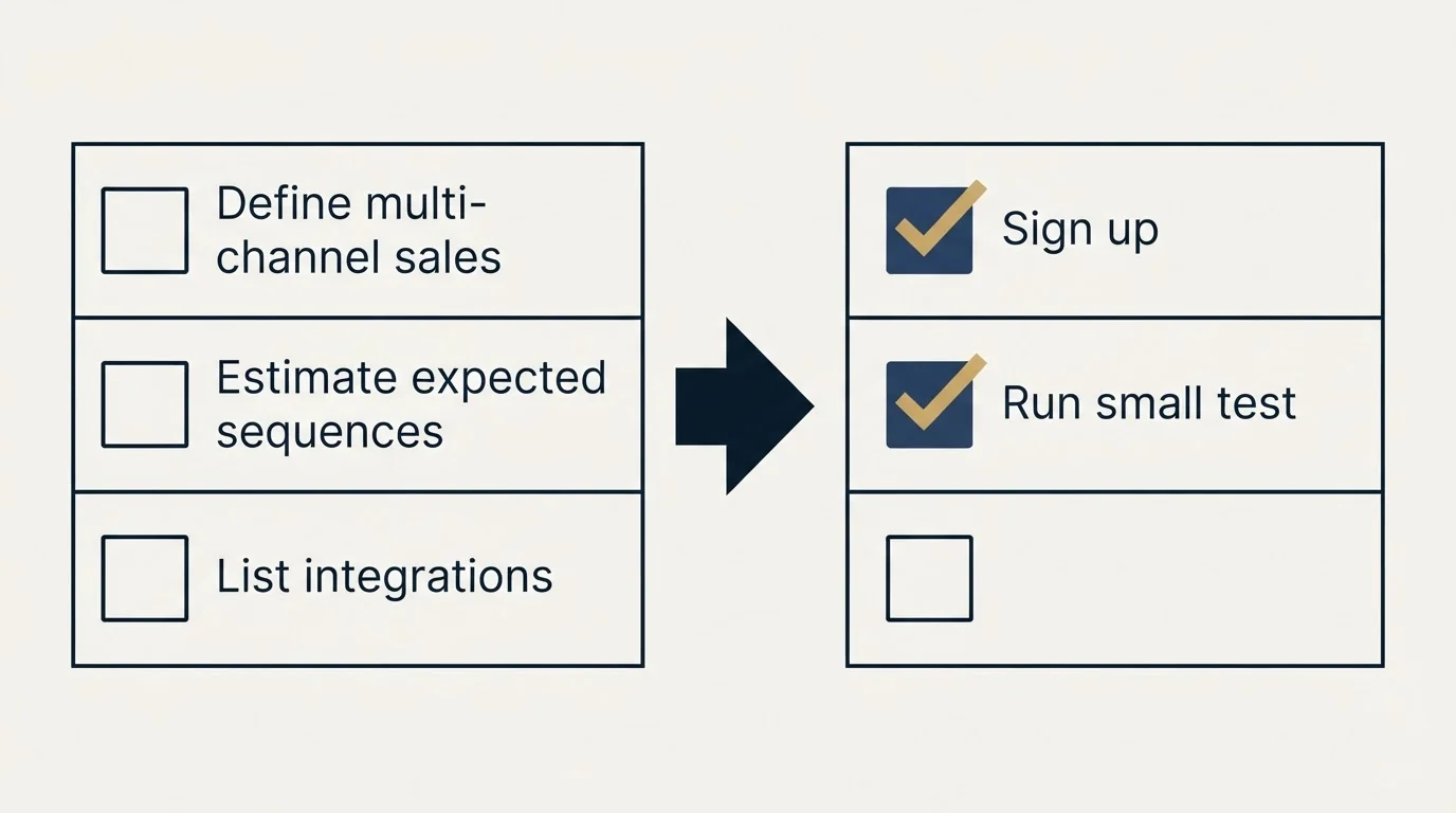 Before-and-after steps: Getting Started Checklist (Define multi-channel sales, Estimate expected sequences, List integrations, Sign up)