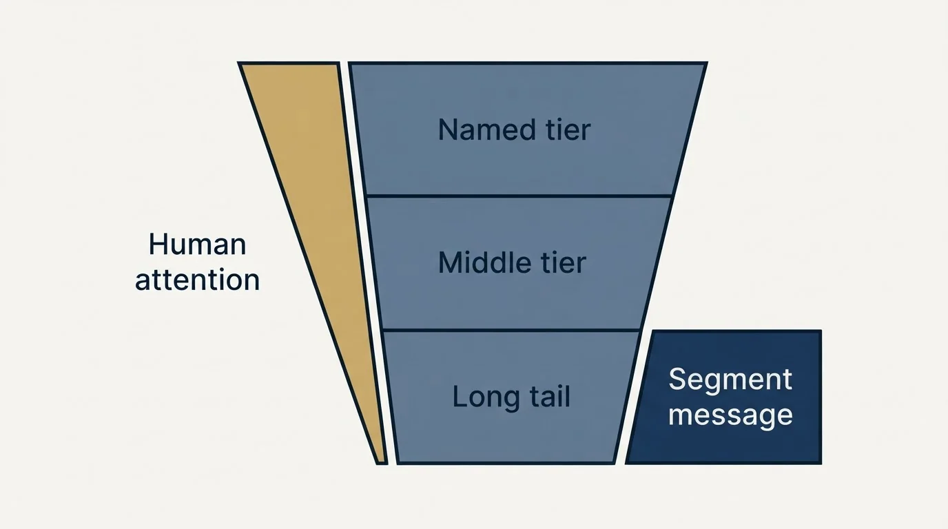 Schematic: Where the budget should go (Named tier, Middle tier, Long tail, Human attention)