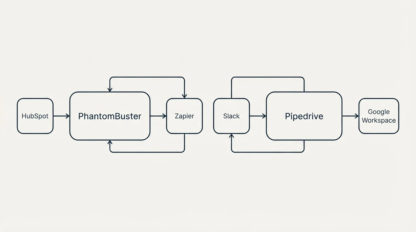 Integration schematic: Integration Ecosystem (PhantomBuster, Pipedrive, Zapier, Slack)
