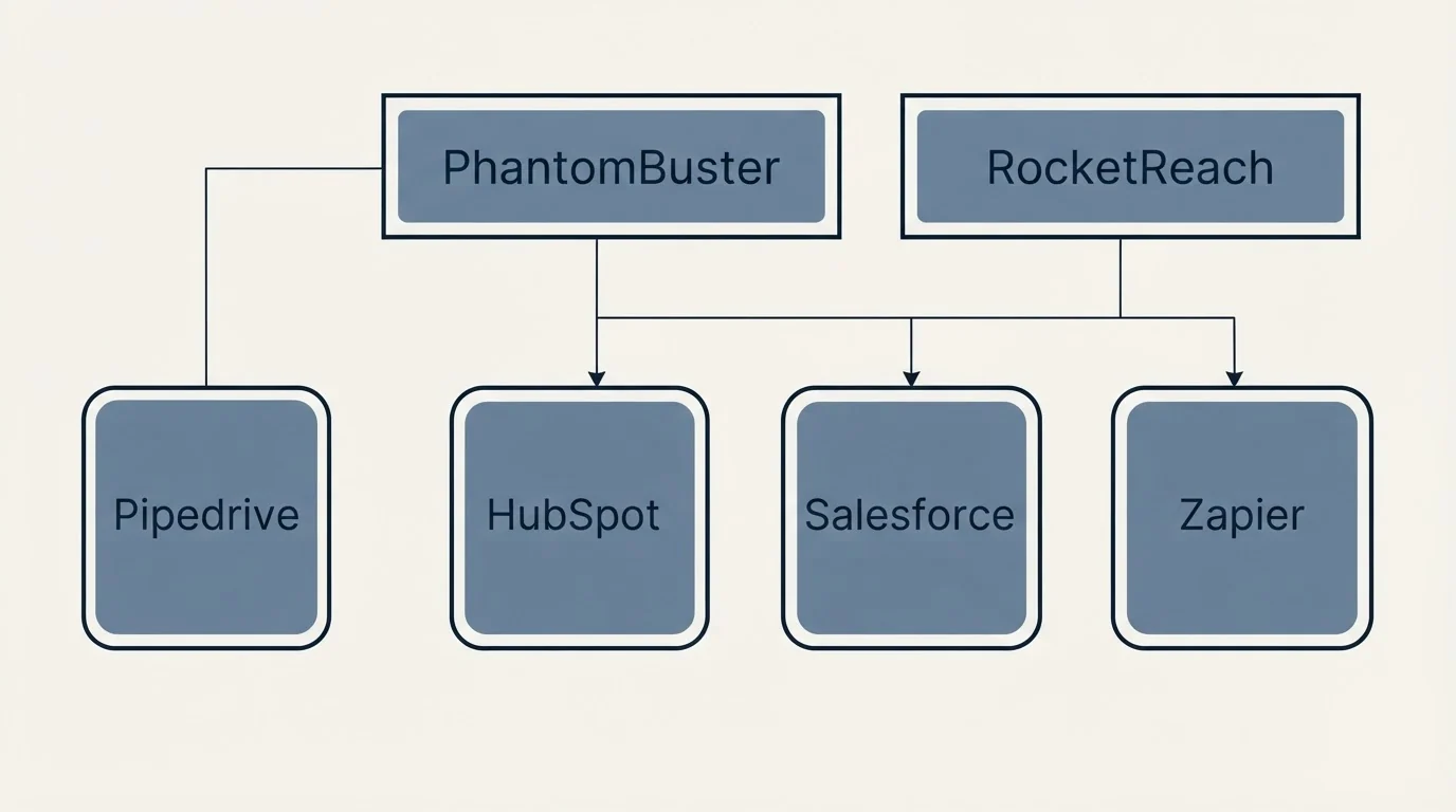 Integration grid: Integration Ecosystem (PhantomBuster, RocketReach, HubSpot, Salesforce)