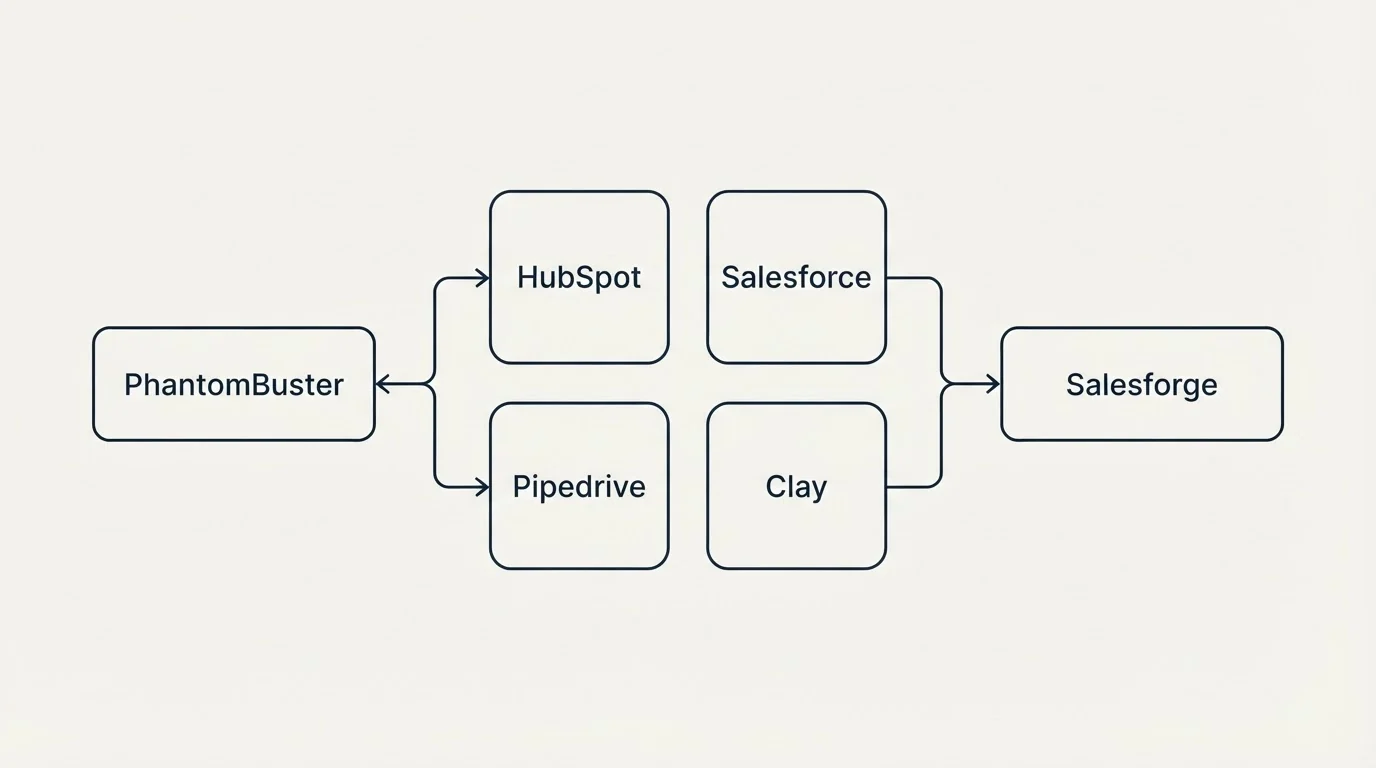 Integration schematic: Integration Ecosystem (PhantomBuster, Salesforge, HubSpot, Salesforce)