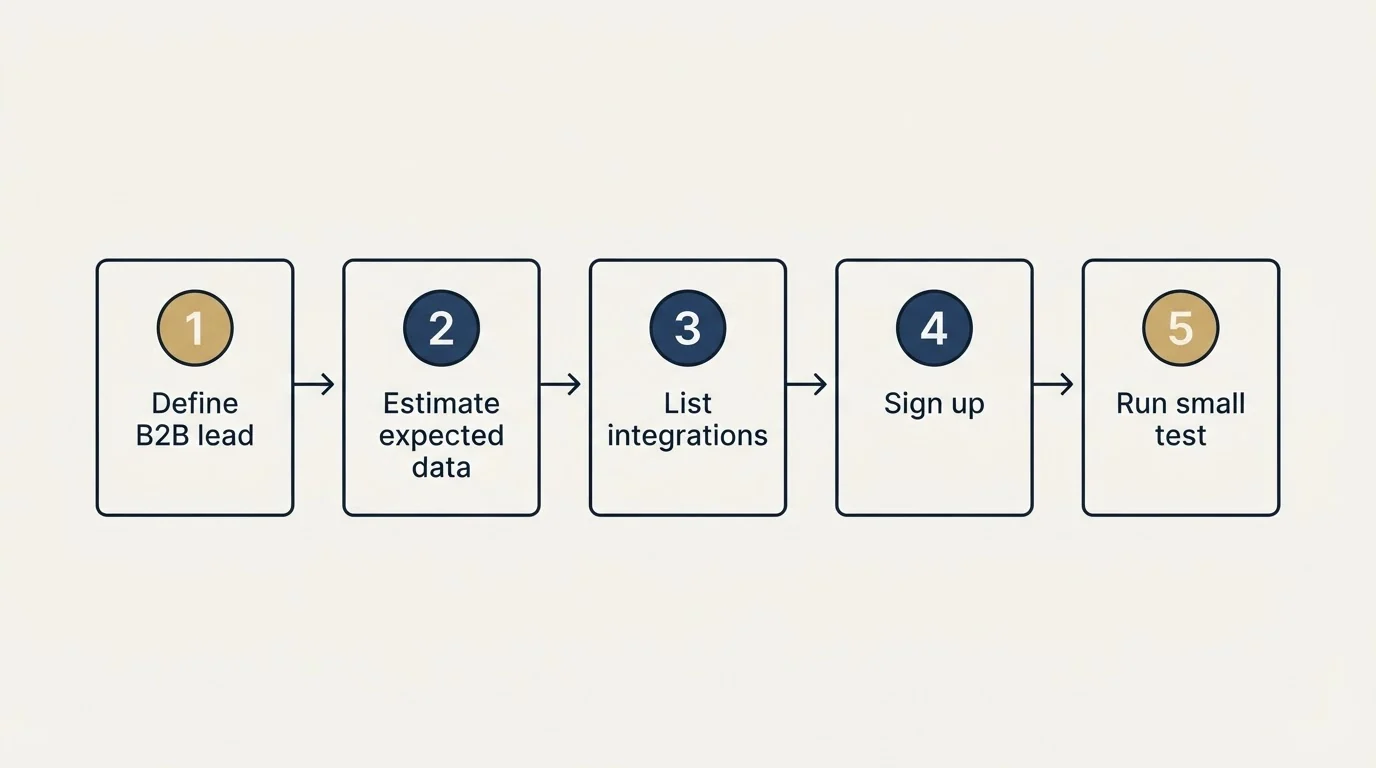 Step sequence: Getting Started Checklist (Define B2B lead, Estimate expected data, List integrations, Sign up)