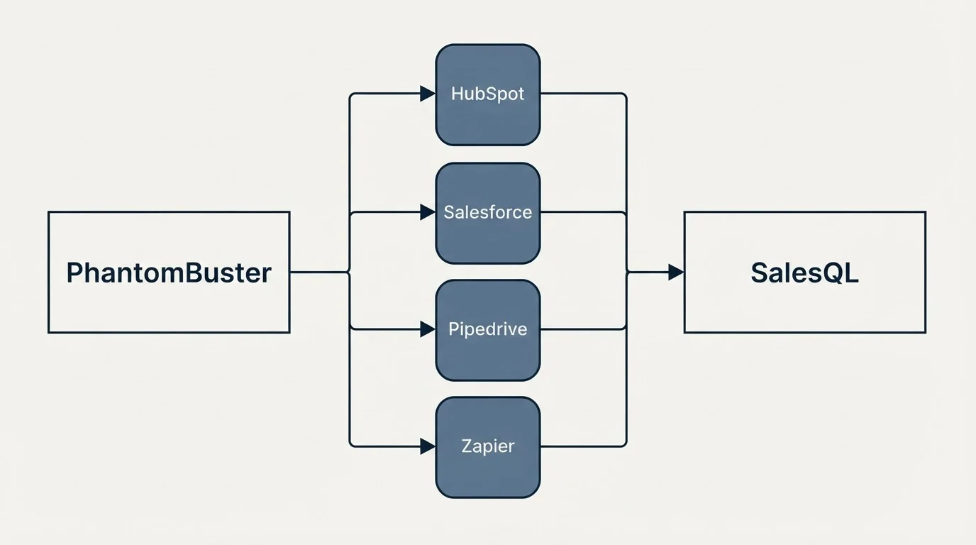 Integration flow: Integration Ecosystem (PhantomBuster, SalesQL, HubSpot, Salesforce)