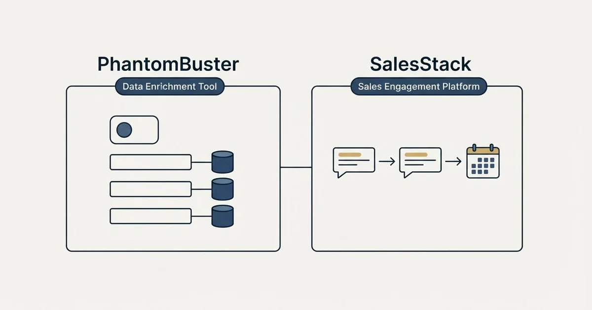 Side-by-side panels: PhantomBuster vs SalesStack (Data Enrichment Tool, Sales Engagement Platform)