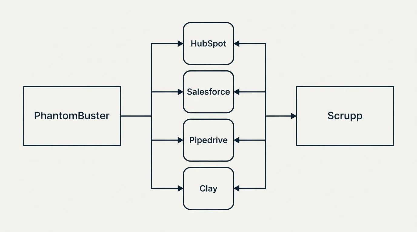 Integration flow: Integration Ecosystem (PhantomBuster, Scrupp, HubSpot, Salesforce)