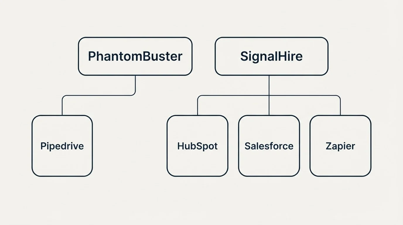 Integration grid: Integration Ecosystem (PhantomBuster, SignalHire, HubSpot, Salesforce)