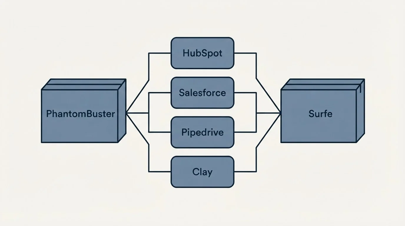 Integration flow: Integration Ecosystem (PhantomBuster, Surfe, HubSpot, Salesforce)