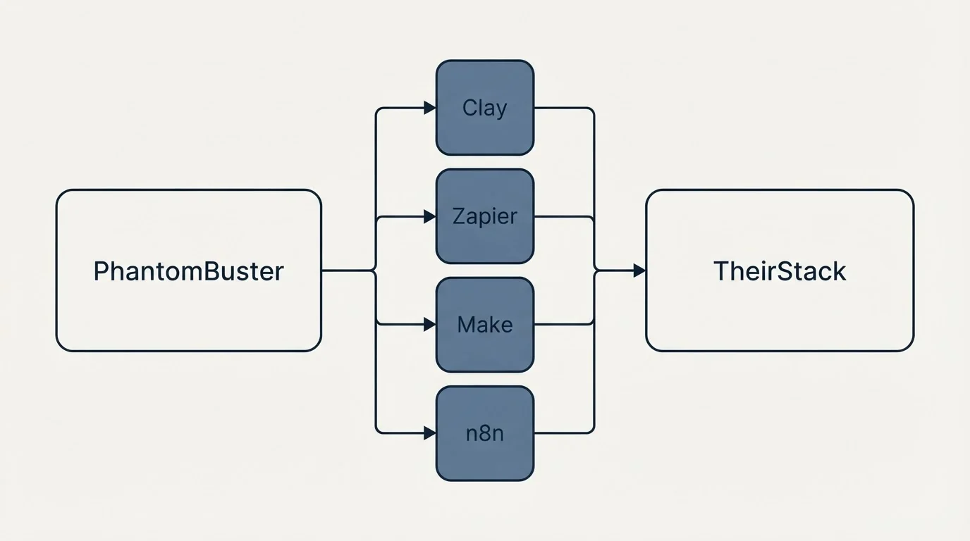 Integration flow: Integration Ecosystem (PhantomBuster, TheirStack, Clay, Zapier)