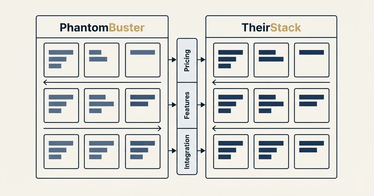 Comparison panel: PhantomBuster vs TheirStack (Pricing, Features, Integration)
