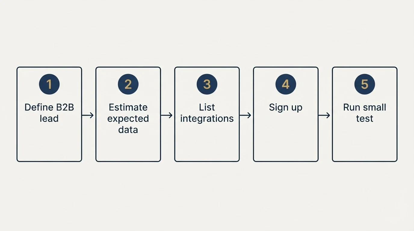 Step sequence: Getting Started Checklist (Define B2B lead, Estimate expected data, List integrations, Sign up)