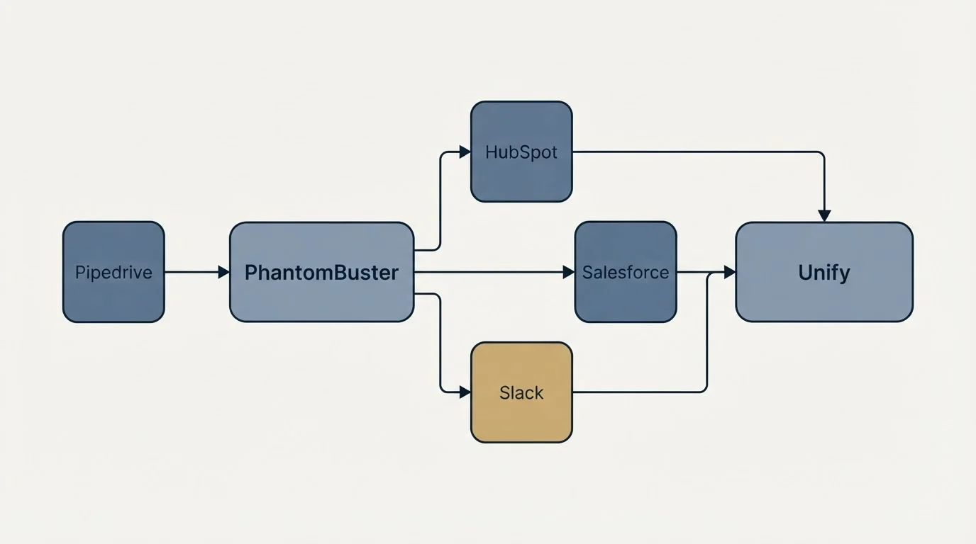 Integration schematic: Integration Ecosystem (PhantomBuster, Unify, HubSpot, Salesforce)