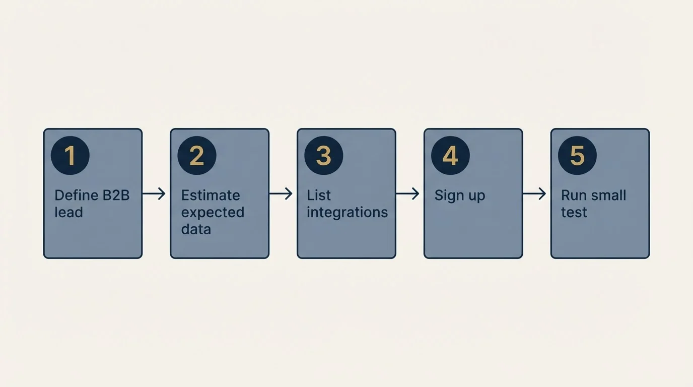 Step sequence: Getting Started Checklist (Define B2B lead, Estimate expected data, List integrations, Sign up)