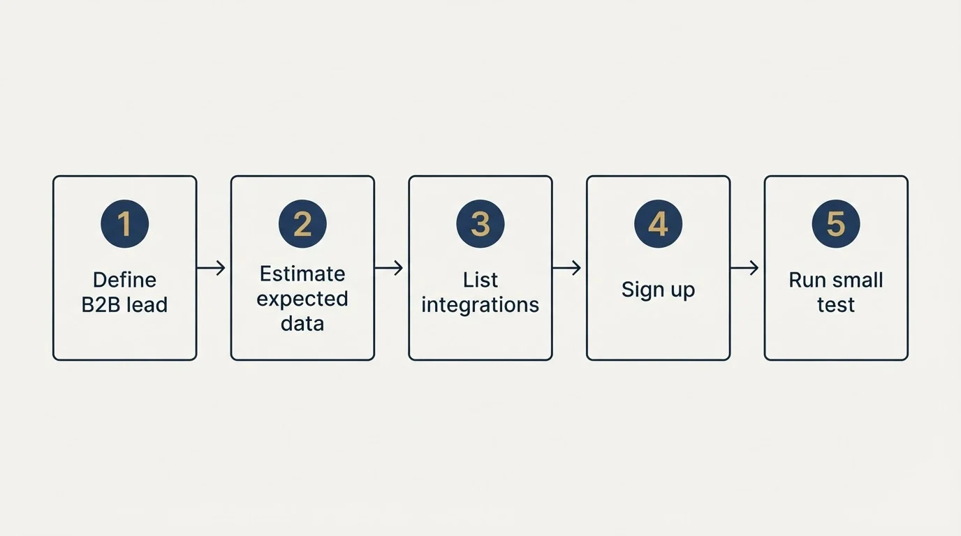 Step sequence: Getting Started Checklist (Define B2B lead, Estimate expected data, List integrations, Sign up)