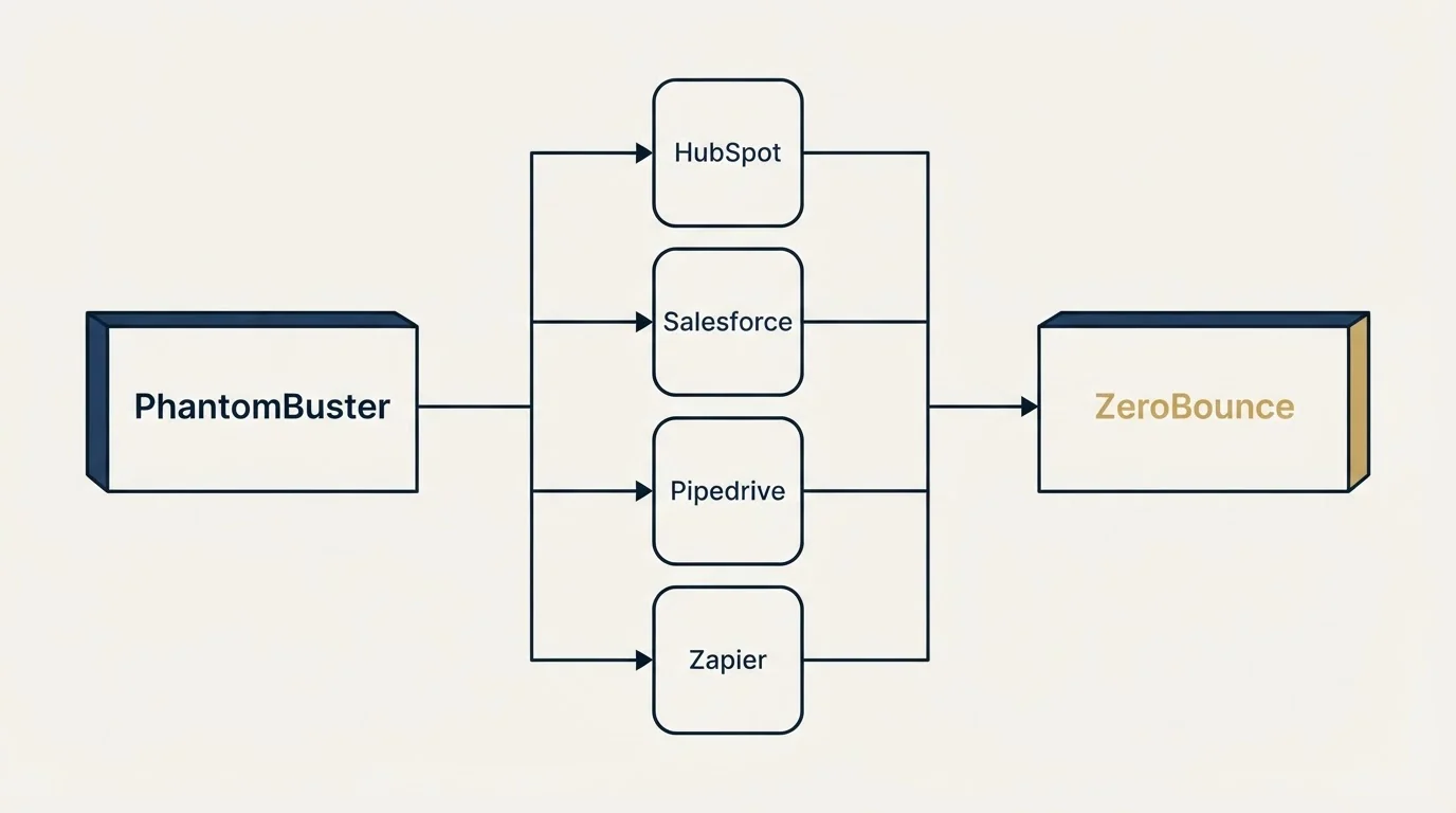Integration flow: Integration Ecosystem (PhantomBuster, ZeroBounce, HubSpot, Salesforce)