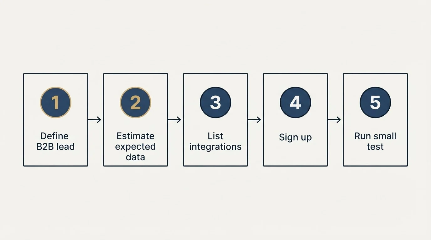 Step sequence: Getting Started Checklist (Define B2B lead, Estimate expected data, List integrations, Sign up)