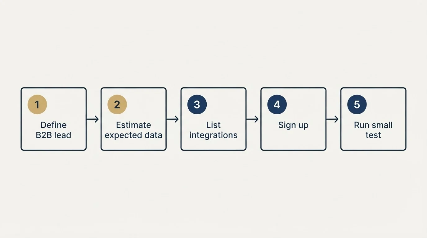 Step sequence: Getting Started Checklist (Define B2B lead, Estimate expected data, List integrations, Sign up)