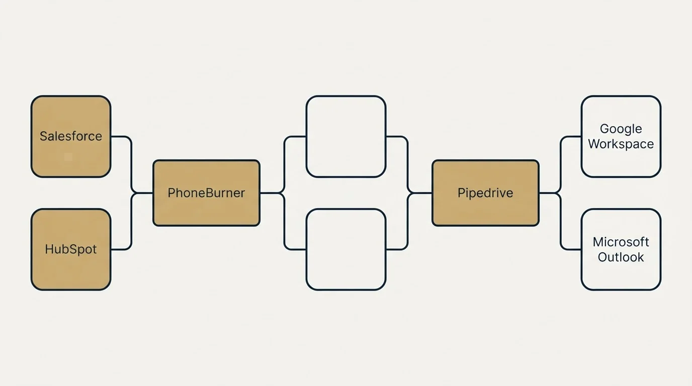 Integration schematic: Integration Ecosystem (PhoneBurner, Pipedrive, Salesforce, Google Workspace)