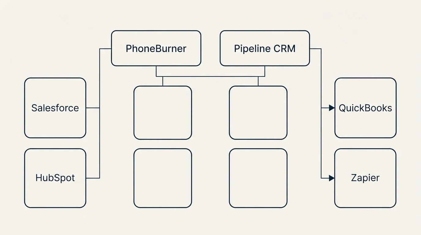 Integration grid: Integration Ecosystem (PhoneBurner, Pipeline CRM, Salesforce, QuickBooks)