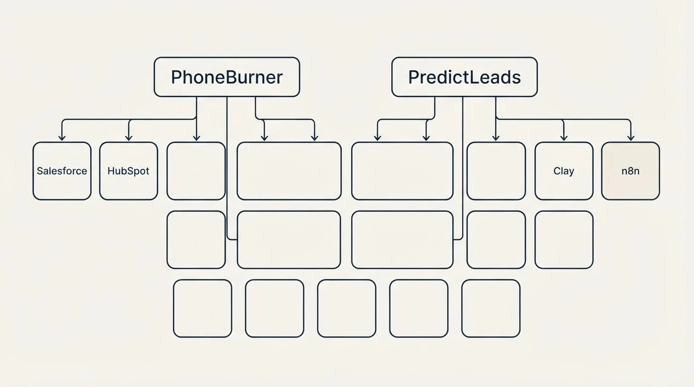 Integration grid: Integration Ecosystem (PhoneBurner, PredictLeads, Salesforce, Clay)