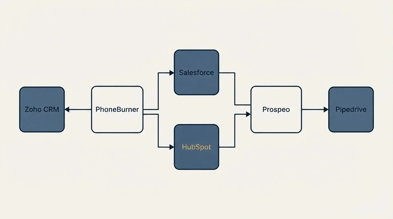 Integration flow: Integration Ecosystem (PhoneBurner, Prospeo, Salesforce, HubSpot)