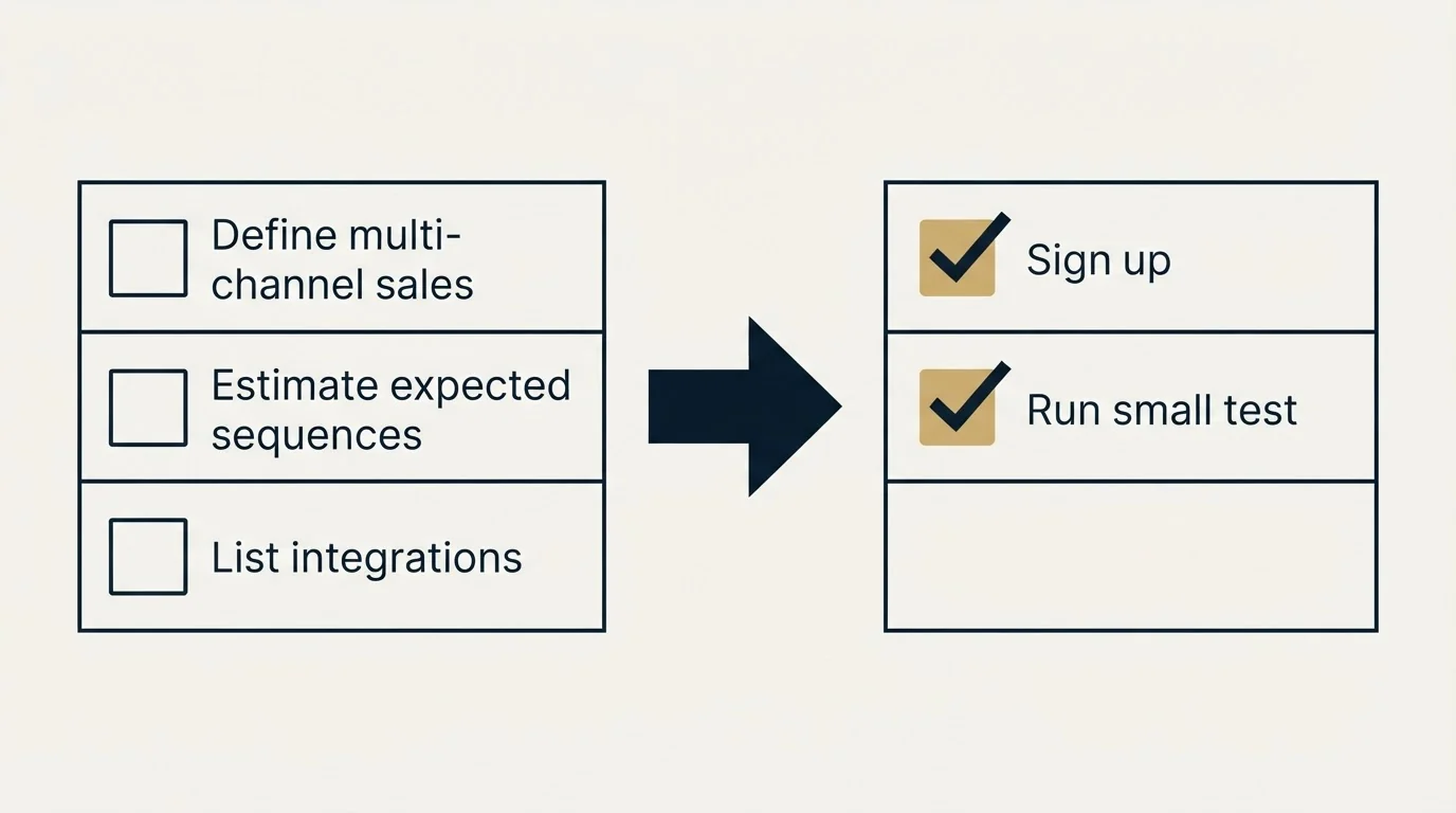 Before-and-after steps: Getting Started Checklist (Define multi-channel sales, Estimate expected sequences, List integrations, Sign up)