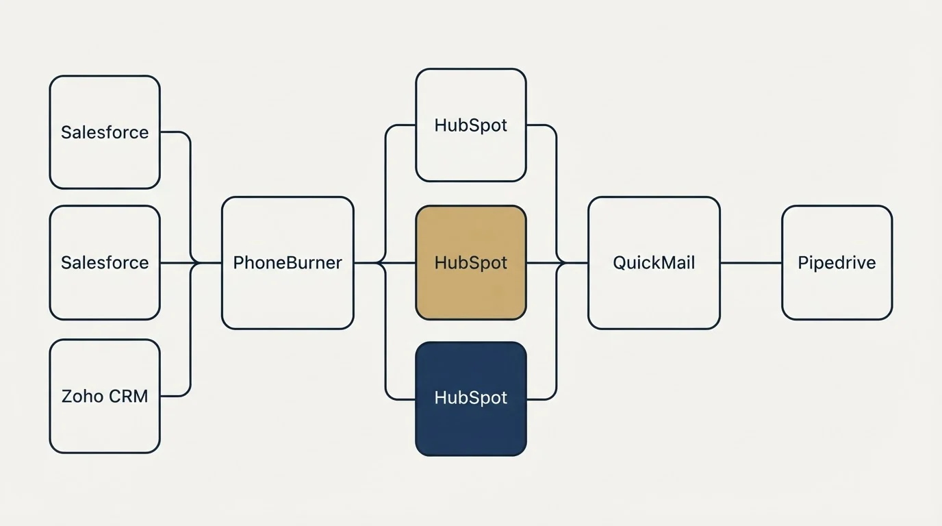 Integration flow: Integration Ecosystem (PhoneBurner, QuickMail, HubSpot, Salesforce)