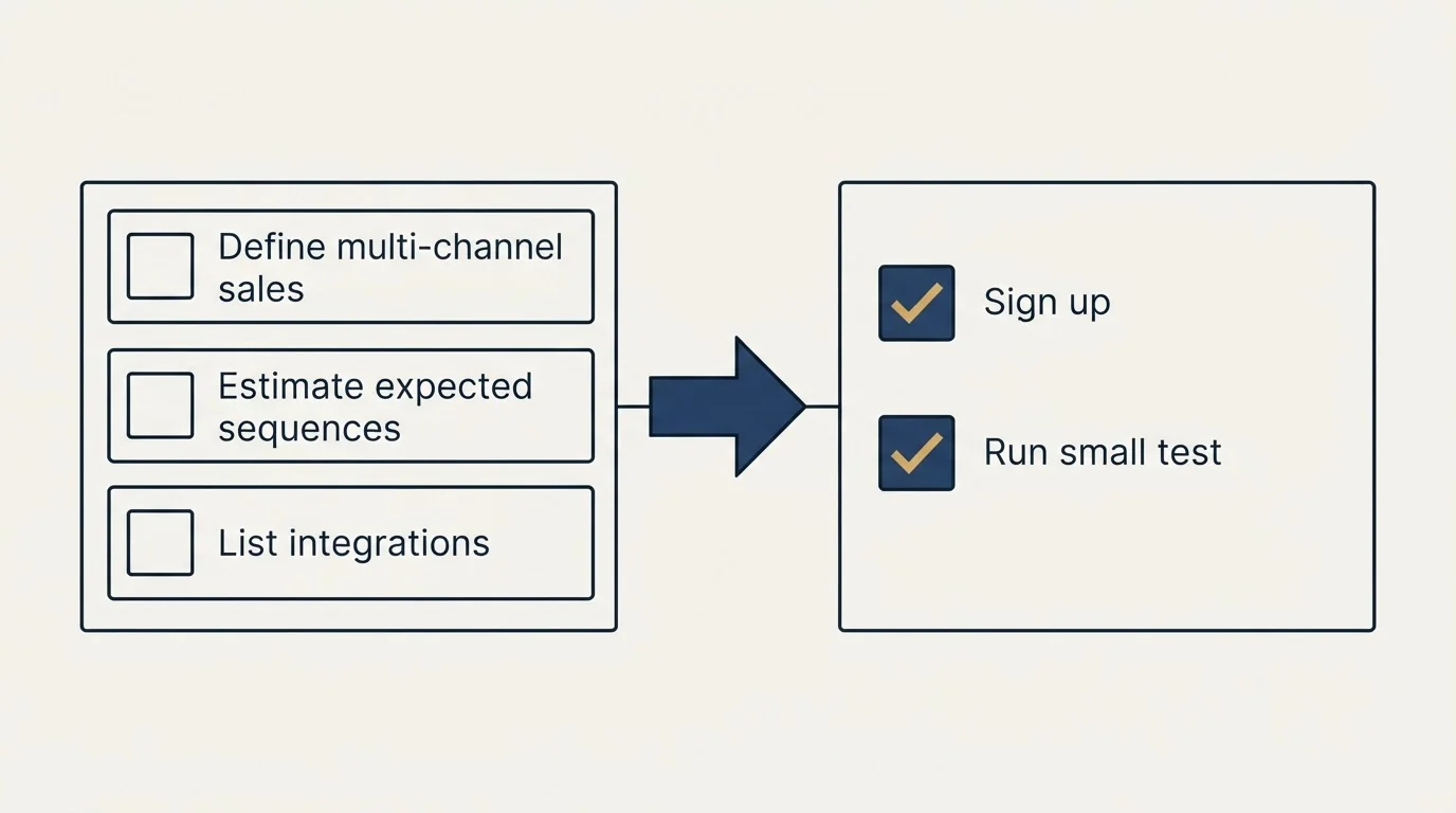 Before-and-after steps: Getting Started Checklist (Define multi-channel sales, Estimate expected sequences, List integrations, Sign up)