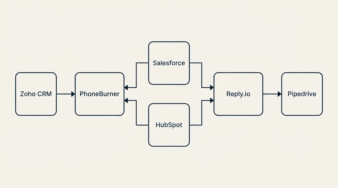 Integration flow: Integration Ecosystem (PhoneBurner, Reply.io, Salesforce, HubSpot)