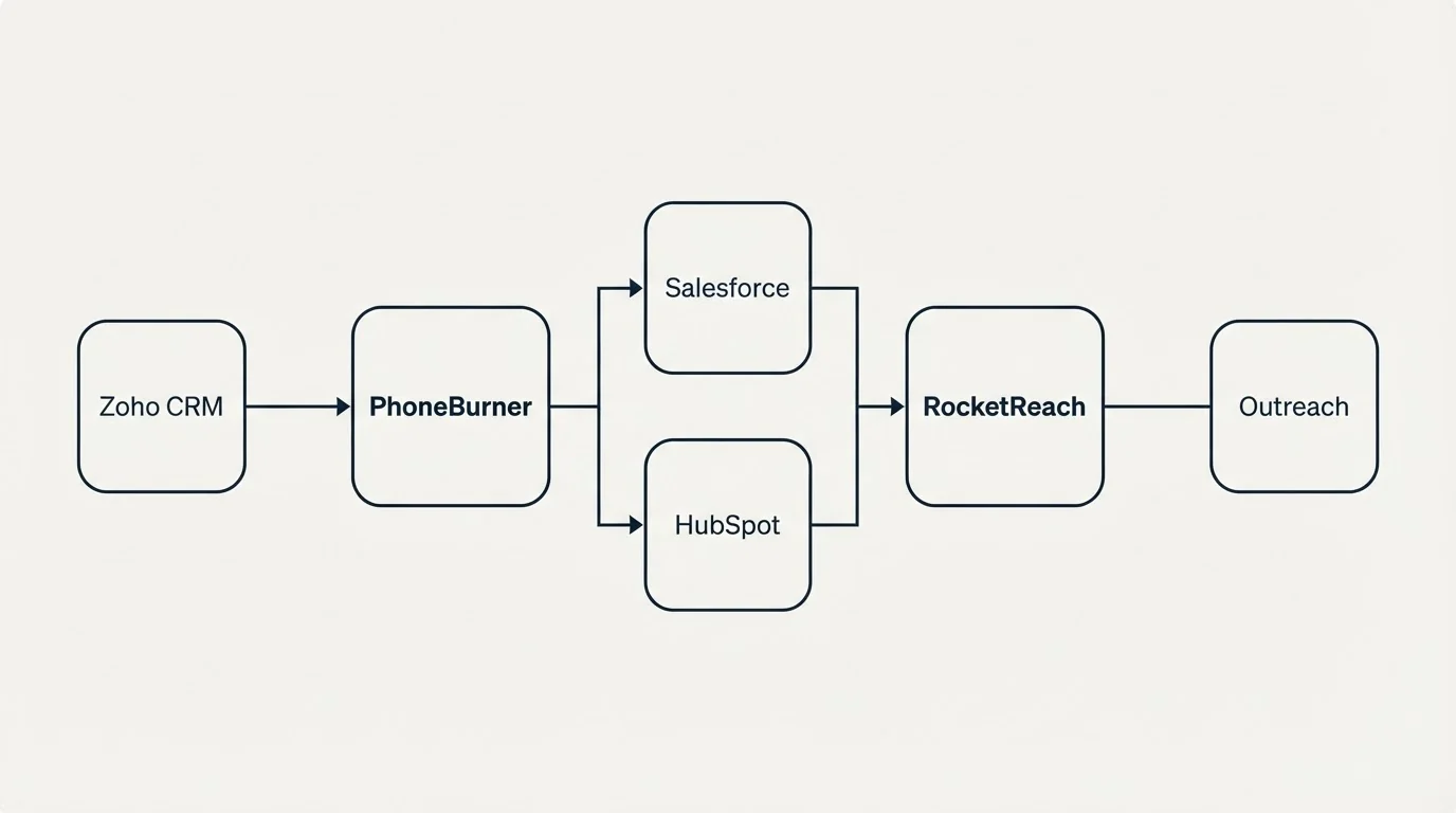 Integration flow: Integration Ecosystem (PhoneBurner, RocketReach, Salesforce, HubSpot)