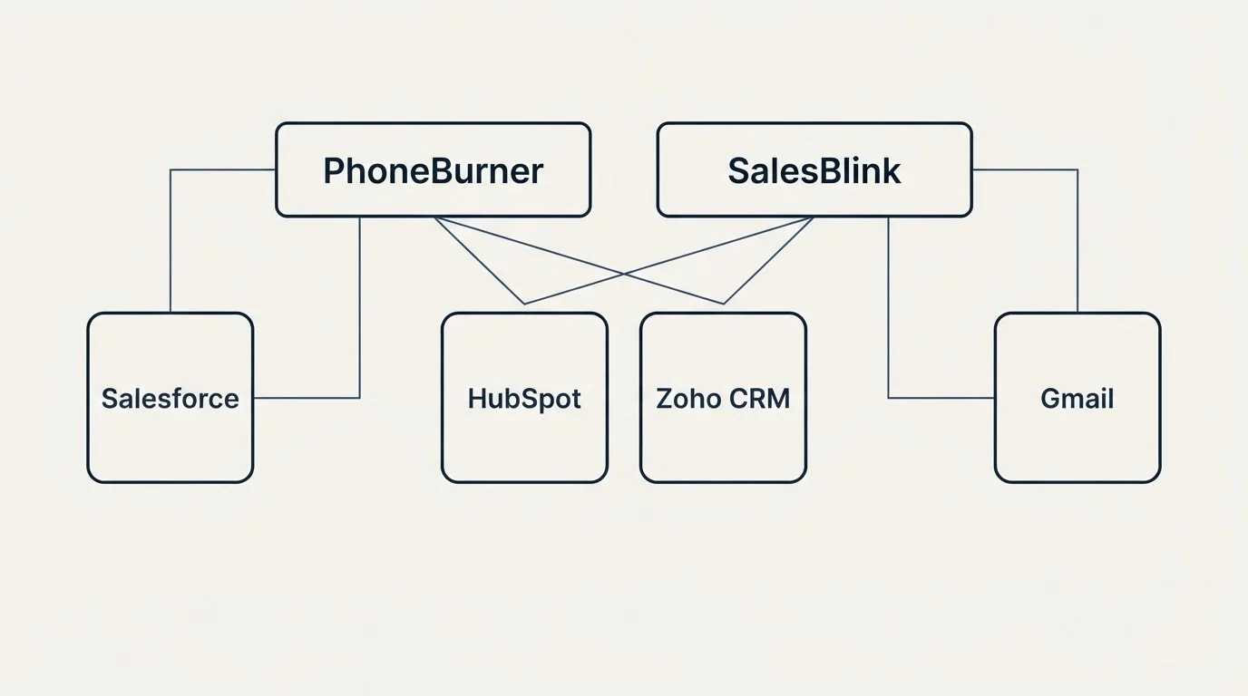 Integration grid: Integration Ecosystem (PhoneBurner, SalesBlink, HubSpot, Zoho CRM)