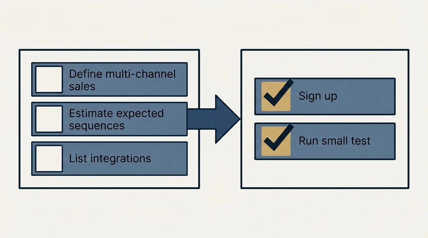 Before-and-after steps: Getting Started Checklist (Define multi-channel sales, Estimate expected sequences, List integrations, Sign up)