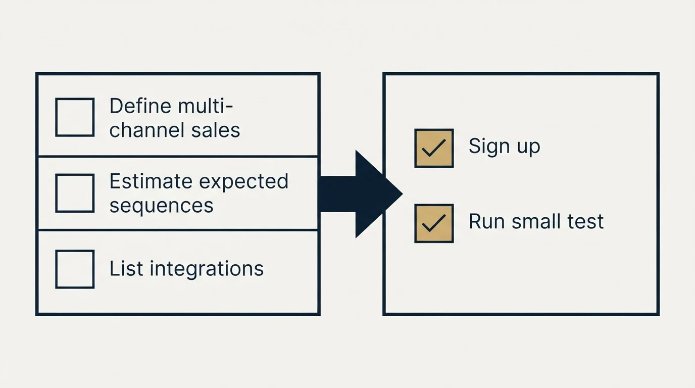 Before-and-after steps: Getting Started Checklist (Define multi-channel sales, Estimate expected sequences, List integrations, Sign up)