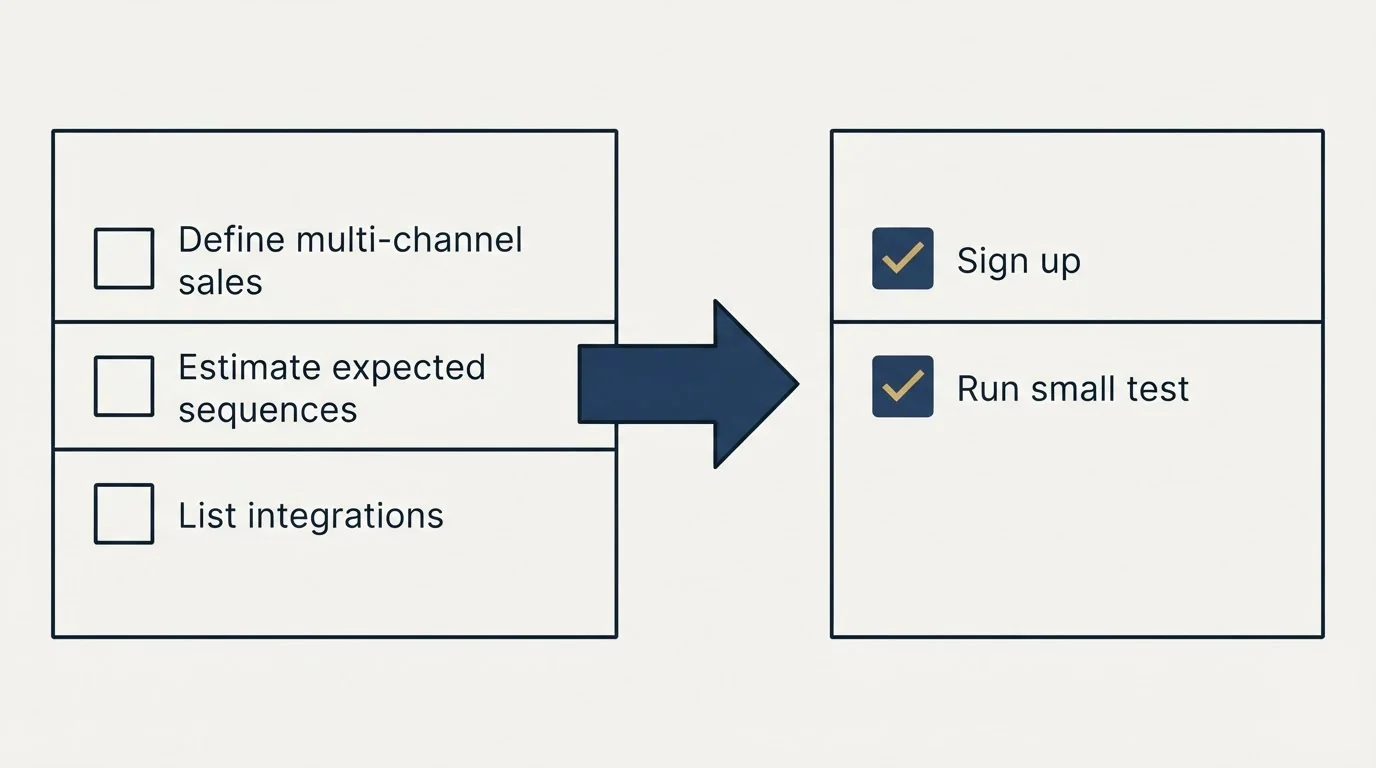 Before-and-after steps: Getting Started Checklist (Define multi-channel sales, Estimate expected sequences, List integrations, Sign up)