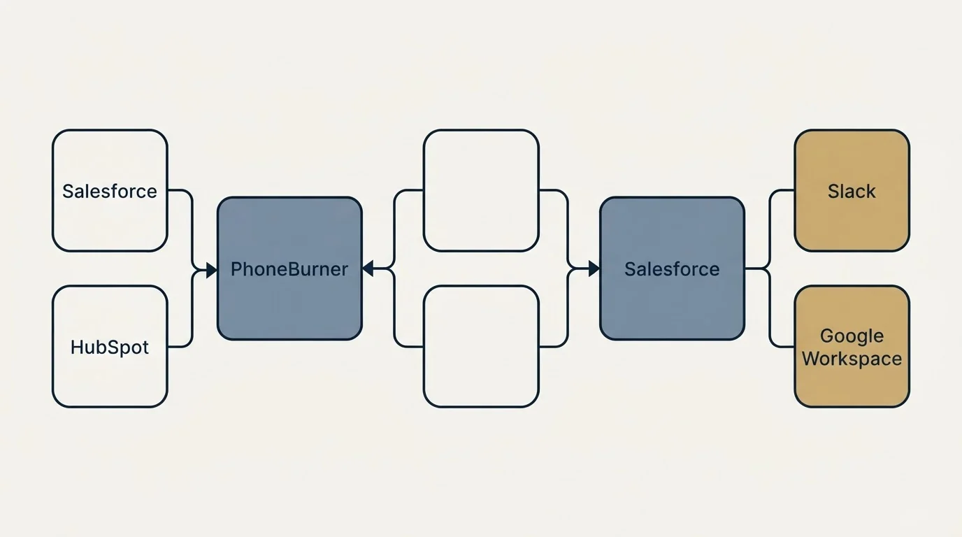 Integration schematic: Integration Ecosystem (PhoneBurner, Salesforce, Slack, HubSpot)