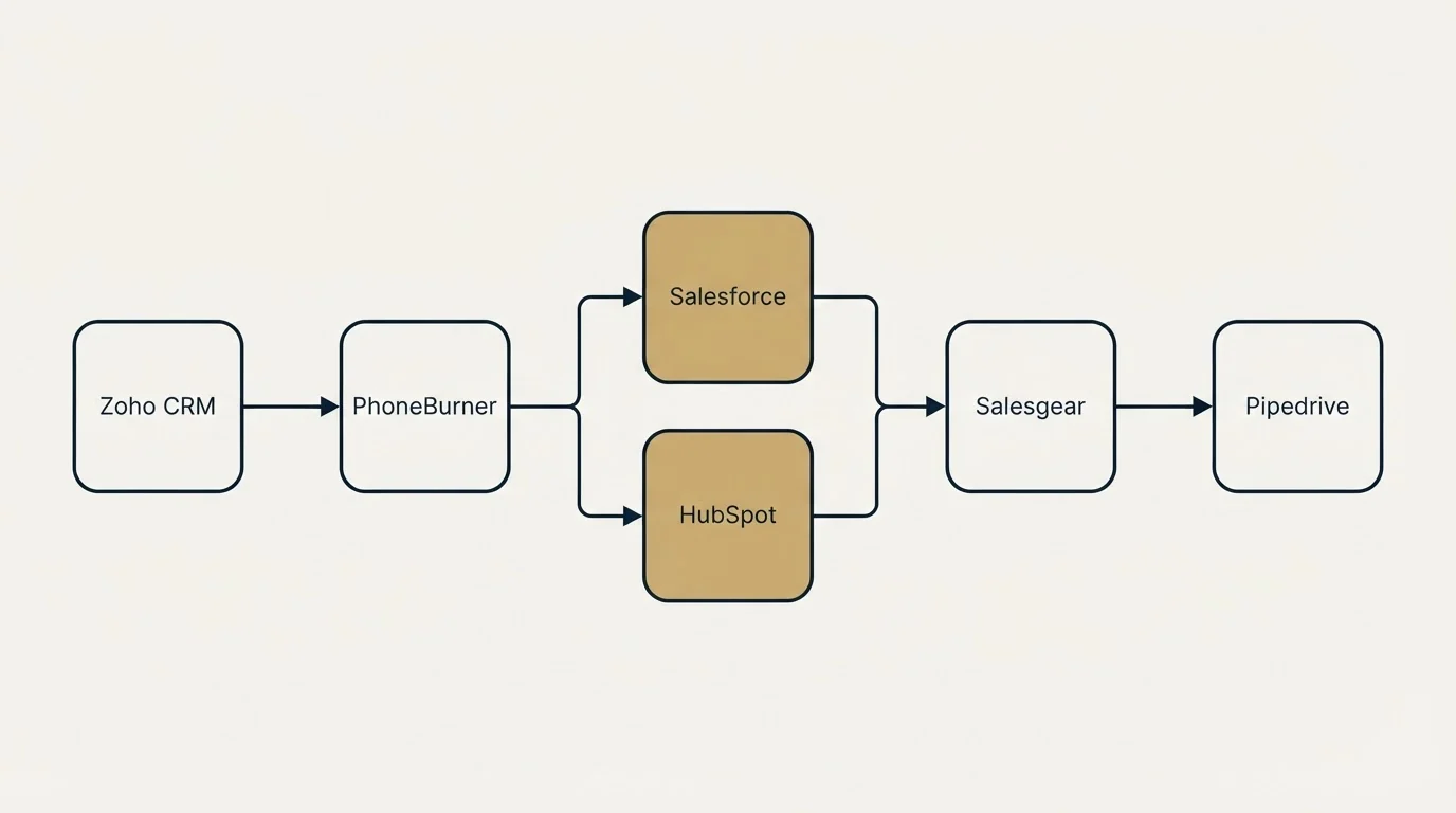 Integration flow: Integration Ecosystem (PhoneBurner, Salesgear, Salesforce, HubSpot)