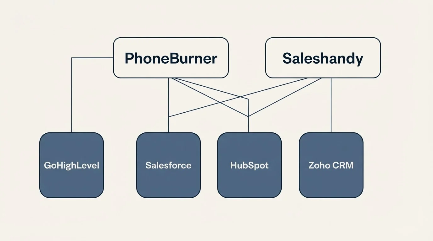 Integration grid: Integration Ecosystem (PhoneBurner, Saleshandy, Salesforce, HubSpot)