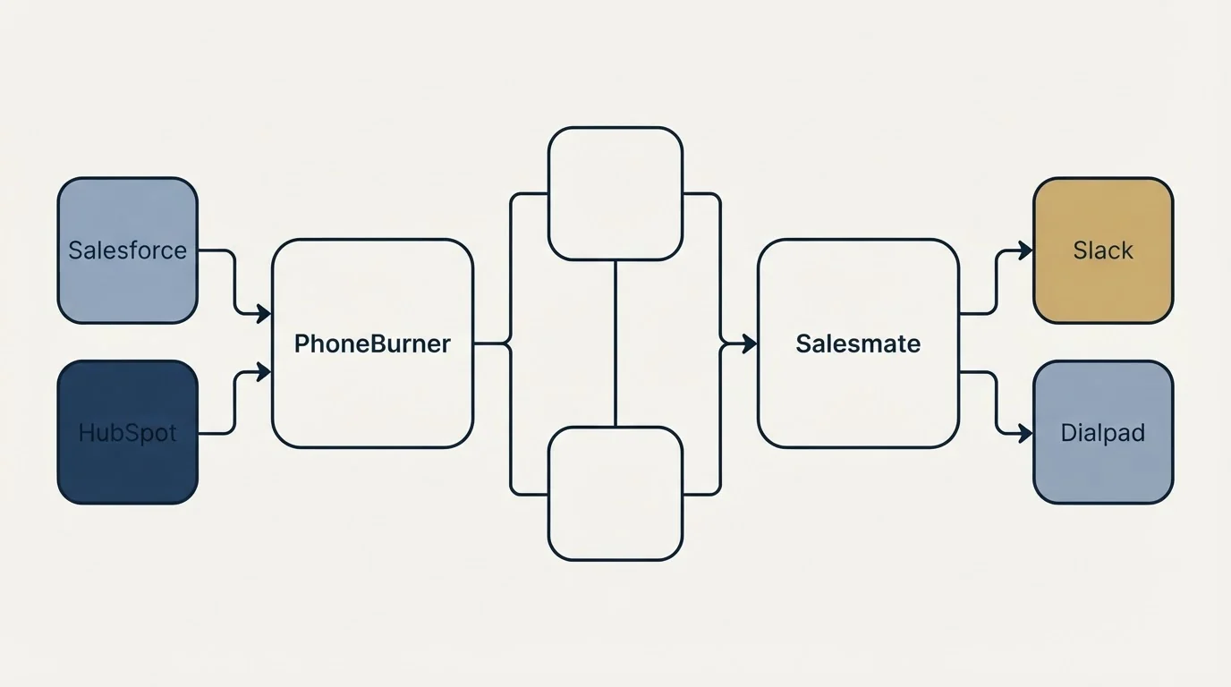 Integration flow: Integration Ecosystem (PhoneBurner, Salesmate, Salesforce, Slack)