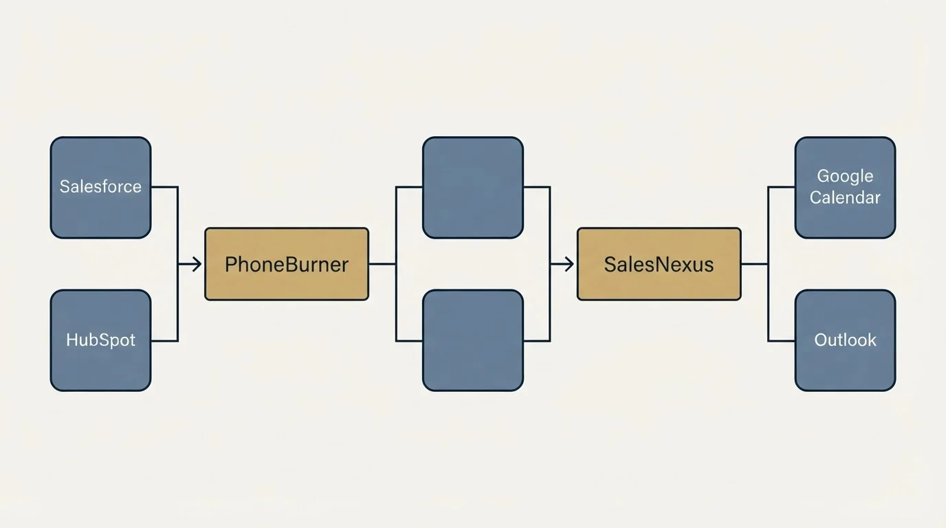 Integration flow: Integration Ecosystem (PhoneBurner, SalesNexus, Salesforce, Google Calendar)