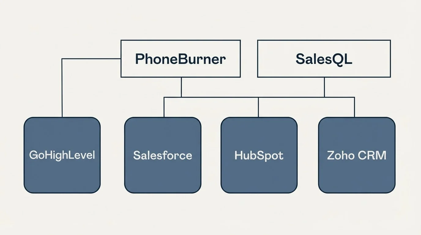 Integration grid: Integration Ecosystem (PhoneBurner, SalesQL, Salesforce, HubSpot)