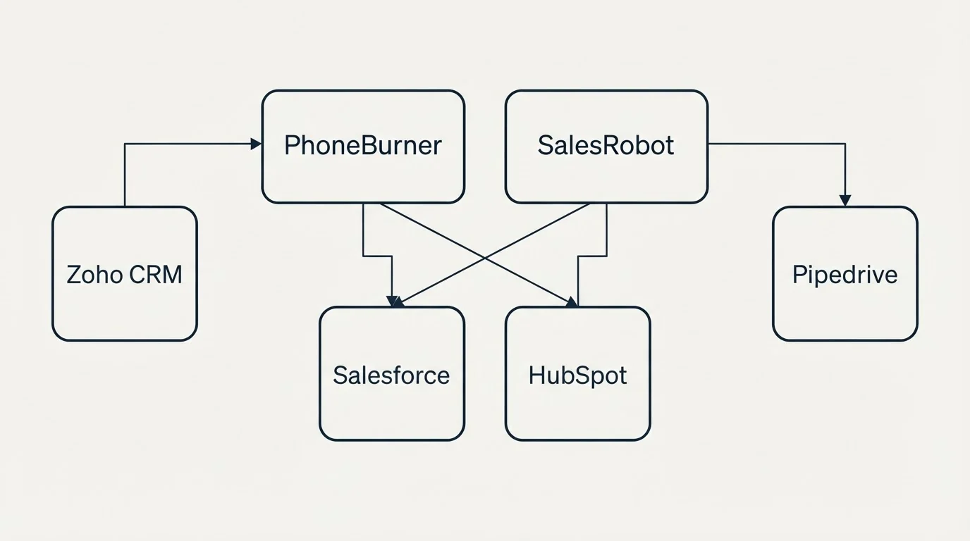 Integration grid: Integration Ecosystem (PhoneBurner, SalesRobot, Salesforce, HubSpot)