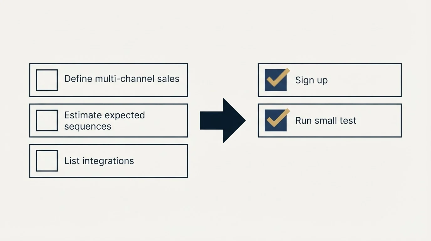 Before-and-after steps: Getting Started Checklist (Define multi-channel sales, Estimate expected sequences, List integrations, Sign up)