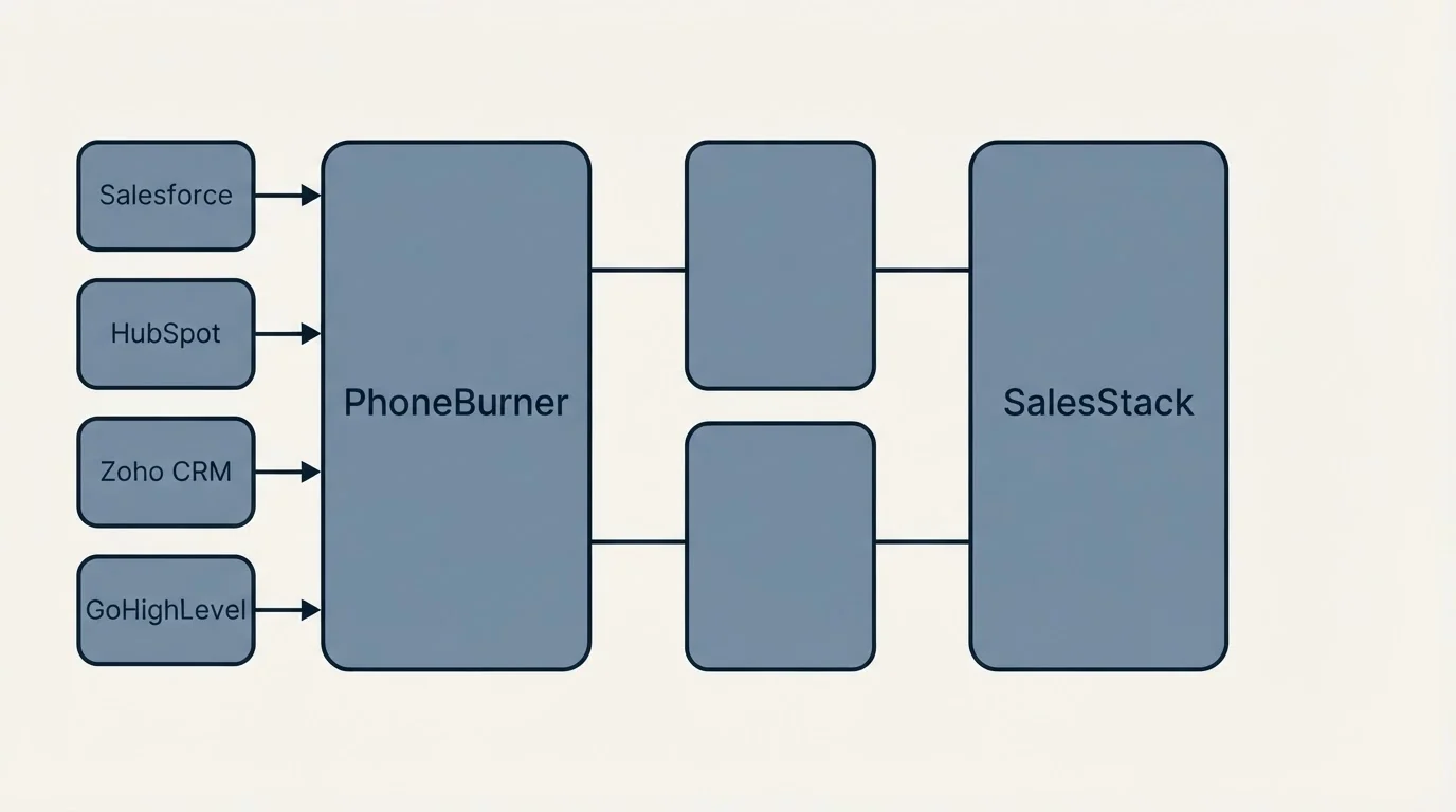 Integration flow: Integration Ecosystem (PhoneBurner, SalesStack, Salesforce, HubSpot)
