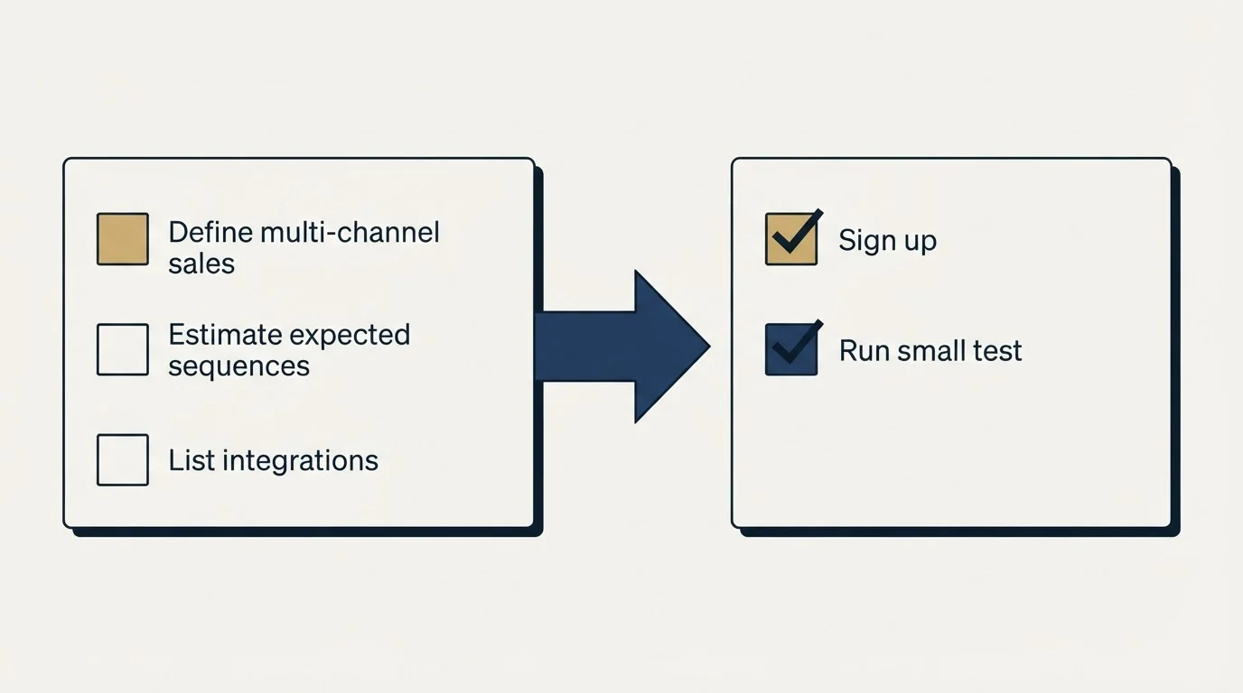 Before-and-after steps: Getting Started Checklist (Define multi-channel sales, Estimate expected sequences, List integrations, Sign up)